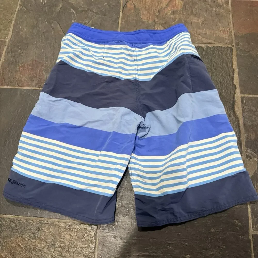 Patagonia Boys Board Shorts Size 12 Blue Striped Swim Trunks Youth Surf Beach